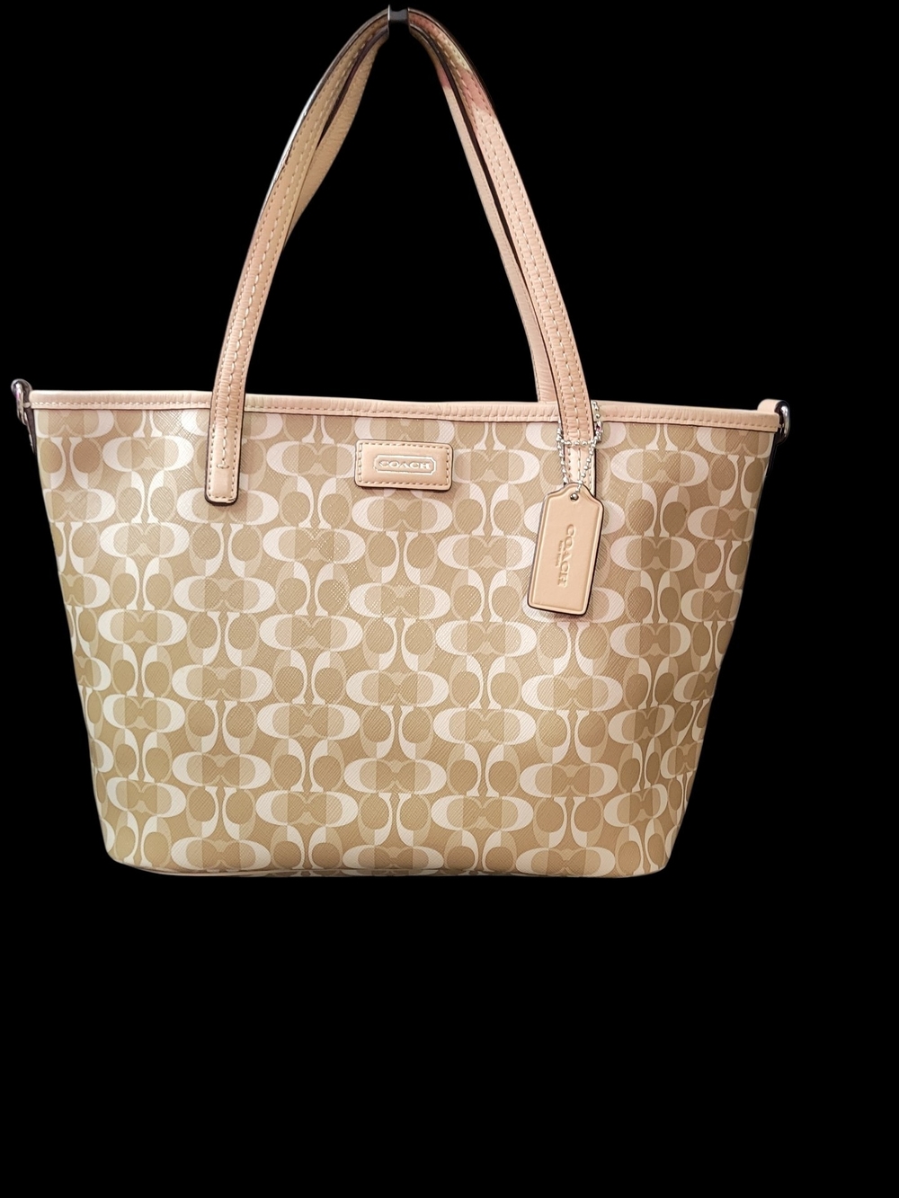 Coach Beige Signature Canvas Tote with Leather Trim